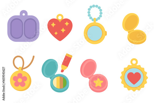 DIY Locket Icons. Flat vector mini-illustrations DIY craft lockets in colors children's illustrations: locket mold, glitter heart