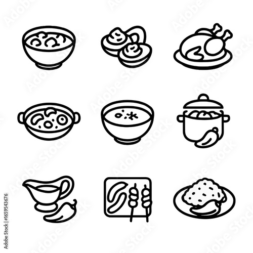 Paprika Dish Icons. Outline icon set of paprika dishes: goulash, deviled eggs, roasted chicken, paella, paprika soup, stewed