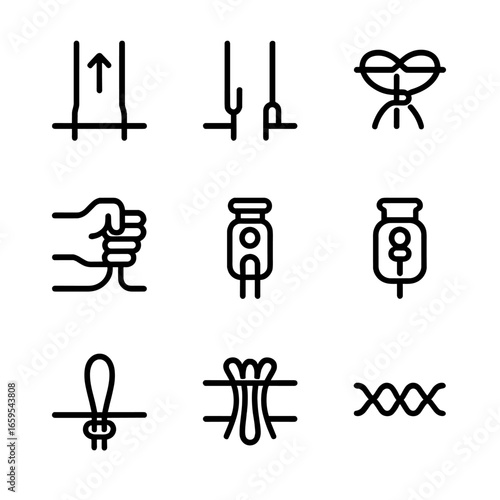 Drawstring Adjustment Icon Set. Outline icon set of drawstring adjustment: tightening, loosening, knotting, pulling, sliding