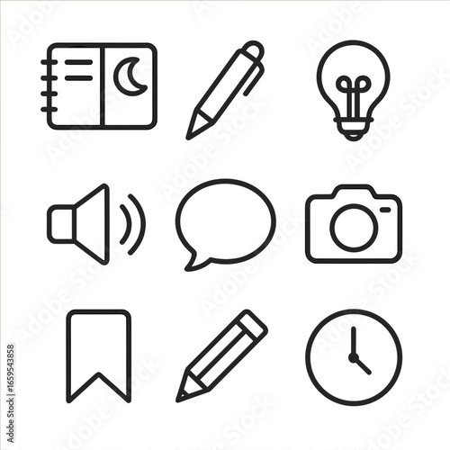 Dream Journal Icons. Outline icon set of dream journal and recording: notebook, pen, light bulb, sound recording, speech bubble,