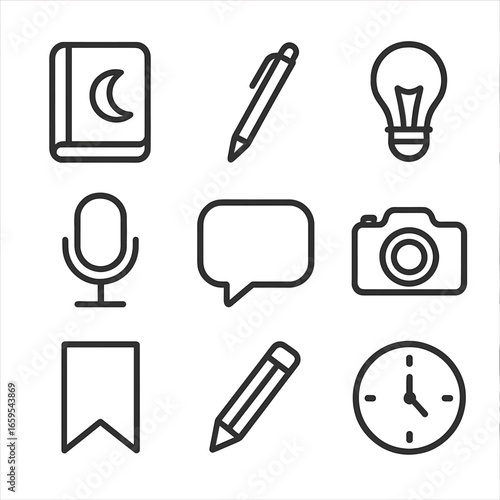 Dream Journal Icons. Outline icon set of dream journal and recording: notebook, pen, light bulb, sound recording, speech bubble,