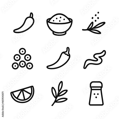 Peppery Cooking Icons. Outline icon set of peppery food presentation: pepper garnish, spice bowl, pepper flakes sprinkle,