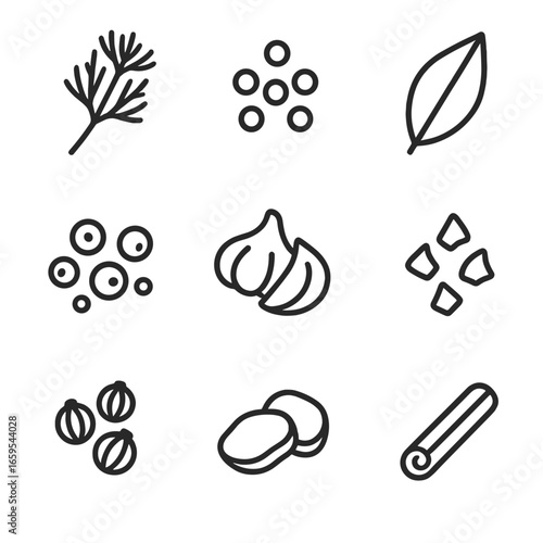 Pickled Spice Icons. Outline icon set of pickled spices and herbs: dill, mustard seeds, bay leaf, peppercorns, garlic cloves,