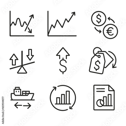 Economic Icons Grid. Outline icon set of market and economic shifts: trend change, stock market shift, currency fluctuation,
