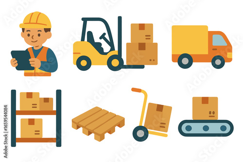 Warehouse Kids' Illustration. Flat vector mini-illustrations warehouse logistics team in colors children's
