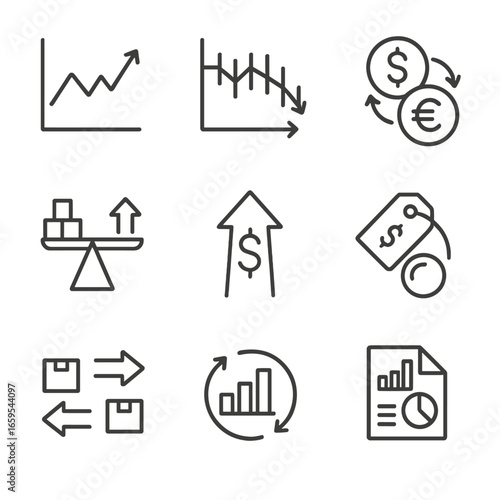 Economic Icons Grid. Outline icon set of market and economic shifts: trend change, stock market shift, currency fluctuation,