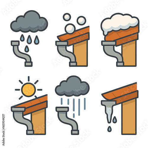 Weather Effects on Gutters. Flat vector mini-illustrations Weather impact on gutters in colors children's