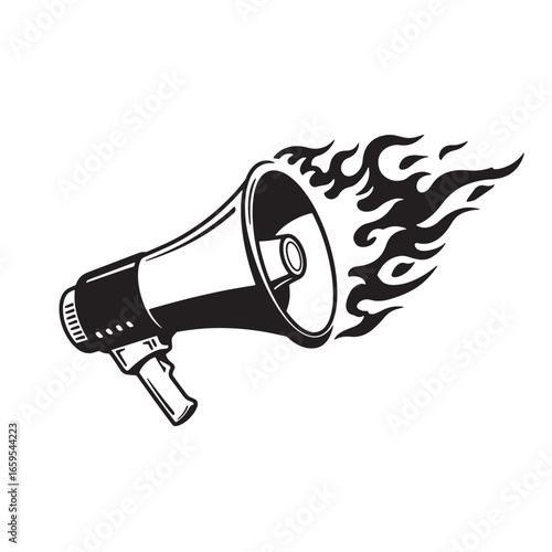 Black and white illustration of a bullhorn with flames for announcement or protest