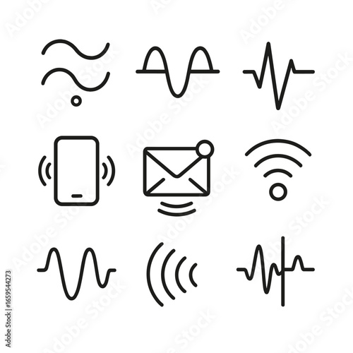 Electronic Bounce Icons. Outline icon set of electronic bounce: bouncing signal, oscillation wave, pulse signal, vibration mode,