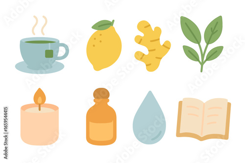 Wellness Icons Grid. Flat vector mini-illustrations wellness morning routine in colors children's