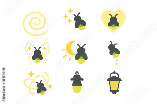 Whimsical Firefly Patterns. Flat vector mini-illustrations Firefly light patterns and fairy signals in colors