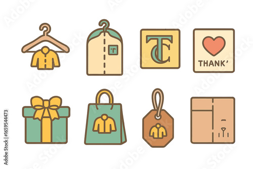 Whimsical Tailor Icons. Flat vector mini-illustrations Tailor’s branding and packaging in colors children's