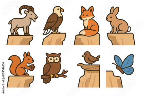 Wildlife Cliff Icons. Flat vector mini-illustrations Wildlife on cliffs in colors children's illustrations: