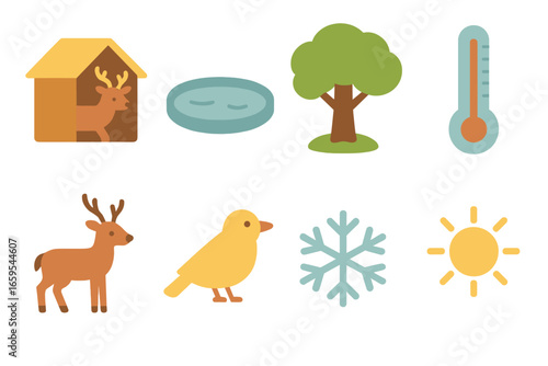 Wildlife Protection Icons. Flat vector mini-illustrations Protecting wildlife during temperature shifts in