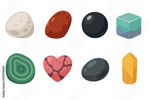 Polished Mineral Icons. Flat vector mini-illustrations polished minerals in colors children's illustrations: tumbled quartz,