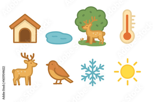 Wildlife Protection Icons. Flat vector mini-illustrations Protecting wildlife during temperature shifts in