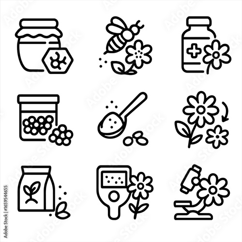 Pollen Uses Icon Set. Outline icon set of pollen uses: honey production, bee pollination, medicinal pollen, pollen supplements,