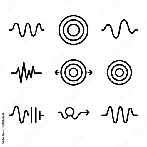 Energy Pulse Icons. Outline icon set of pulse in energy and physics: vibration pulse, shockwave, energy wave, seismic pulse,
