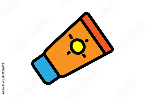 The image shows a tube of sunscreen. The tube is orange with a blue cap and a red stripe at the top. In the center, there is a yellow sun symbol, indicating sun protection.