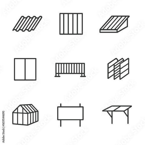 Polycarbonate Icons Set. Outline icon set of polycarbonate construction materials: roofing sheet, wall panel, skylight, partition,