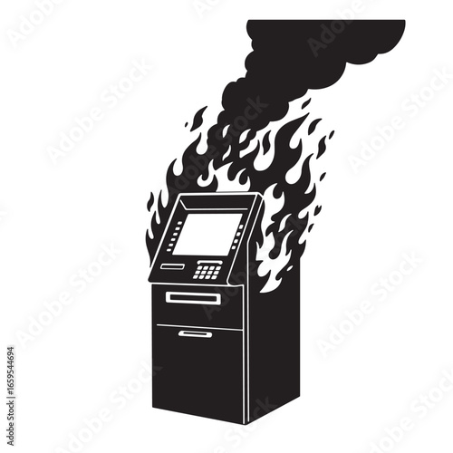 Black and white illustration of a burning atm machine depicting financial crisis or disaster