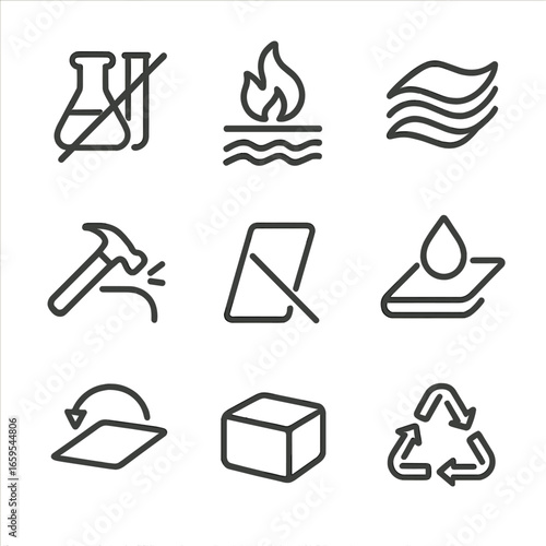Polypropylene Icon Set. Outline icon set of polypropylene properties: chemical resistance, heat resistance, flexibility, toughness