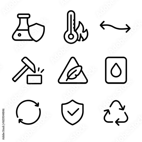 Polypropylene Icon Set. Outline icon set of polypropylene properties: chemical resistance, heat resistance, flexibility, toughness