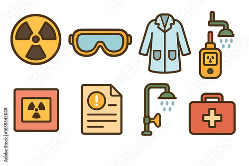 Radiation Safety Icons. Flat vector mini-illustrations isotope safety in colors children's illustrations: radiation hazard, safety
