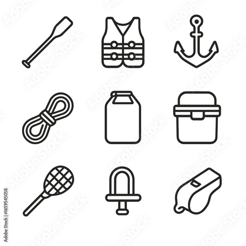 Raft Equipment Icons. Outline icon set of raft equipment: paddle, life jacket, anchor, rope, waterproof bag, cooler, fishing net,