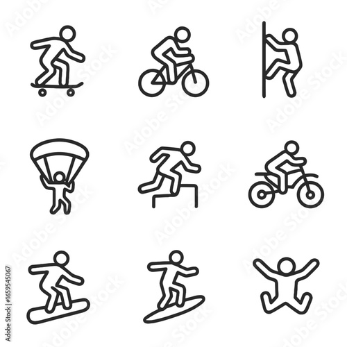 Extreme Sports Icons. Outline icon set of extreme sports: skateboarding, BMX biking, rock climbing, parkour, base jumping,