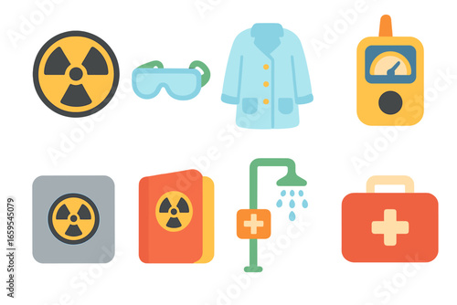 Radiation Safety Icons. Flat vector mini-illustrations isotope safety in colors children's illustrations: radiation hazard, safety