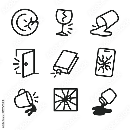 Everyday Bang Icons. Outline icon set of bang in everyday objects: dropped plate, broken glass, spilled drink, slammed door,
