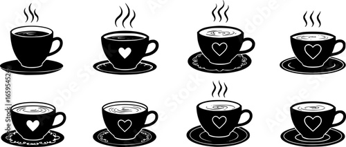 Six steaming coffee cups with hearts saucer
