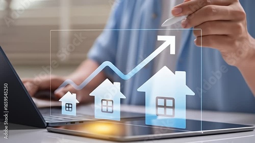 Wallpaper Mural Person interacting with a digital tablet displaying rising housing market trends Torontodigital.ca