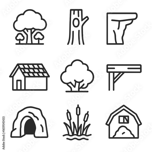 Roost Icon Set. Outline icon set of roost environment: forest canopy, tree hollow, cliff ledge, rooftop, shrub, wooden beam, cave