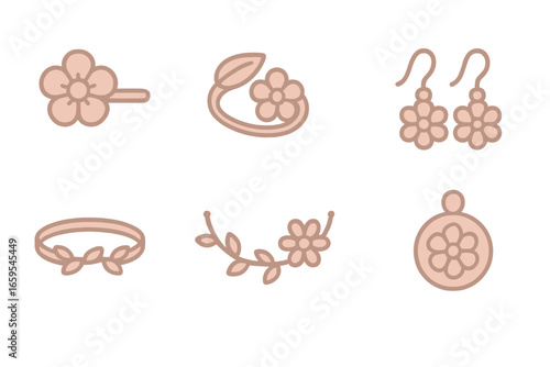 Rose Gold Floral Icons. Flat vector mini-illustrations rose gold floral elements in colors children's illustrations: rose gold