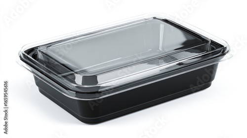 High-resolution plastic food tray with clear lid, black base and glossy transparent cover, sealed and isolated on clean white background, ideal for meal packaging mockups