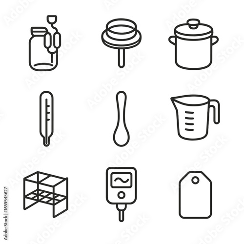 Fermentation Tools Icons. Outline icon set of fermentation tools: fermentation jar, airlock lid, fermentation crock, thermometer,