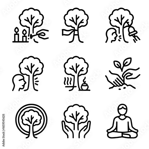Sacred Tree Ritual Icons. Outline icon set of sacred tree rituals: lighting candles, tying prayer cloths, ringing bells, chanting,