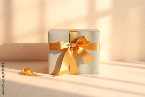 Soft light illuminates elegant gift box with golden ribbon and shadow play