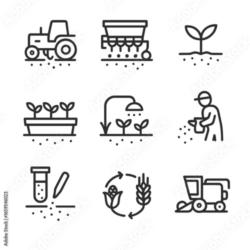 Seed Agriculture Icons. Outline icon set of seed-related agriculture: seed drill, planter, seedling, nursery, irrigation,