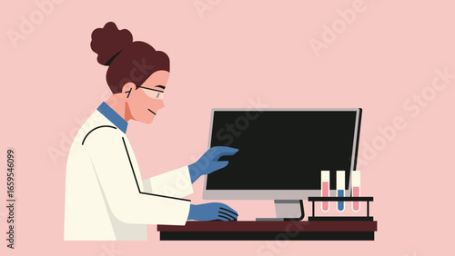 Female laboratory researcher wearing gloves and lab coat working with computer monitor and test tubes for medical analysis and research. Flat vector illustration