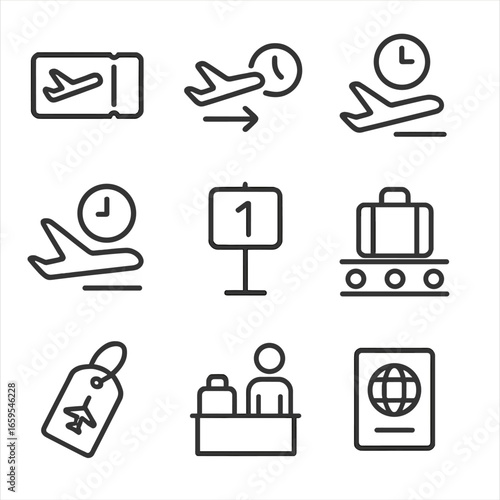 Flight Status Icons. Outline icon set of flight status and data: boarding pass, flight delay, arrival time, departure time, gate