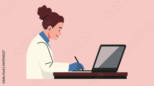 Female laboratory professional wearing gloves and lab coat writing research notes while working on laptop computer for scientific data recording. Flat vector illustration