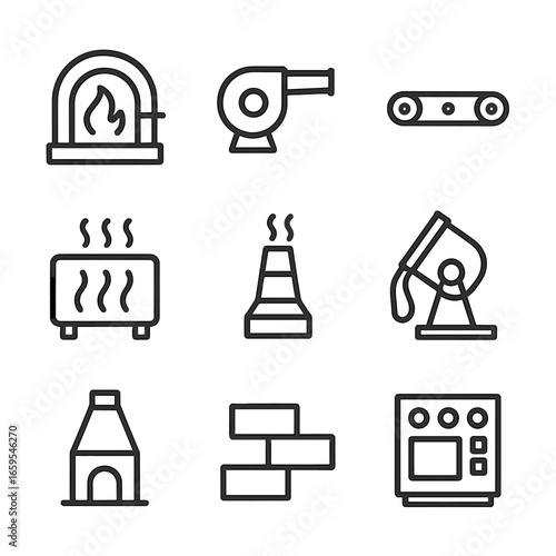Smelting Equipment Icons. Outline icon set of smelting equipment: furnace door, blower, conveyor belt, cooling system, stack,