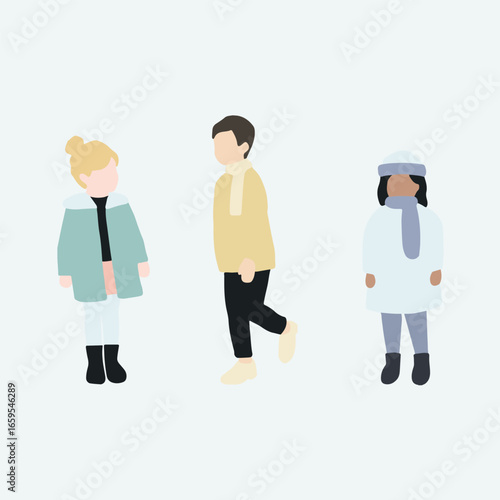 flat minimal children male and female vector illustration in winter clothing concept isolated set collection. For architecture rendering, graphic design, info graphic, media