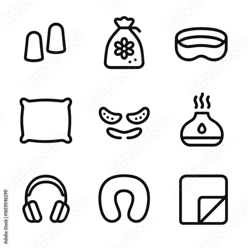Sleep Accessories Icons. Outline icon set of sleep mask accessories: ear plugs, lavender sachet, headband, pillow, eye gel pads,