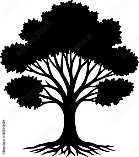 Black silhouette of a deciduous tree with spreading branches and roots
