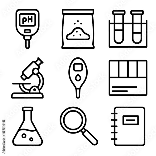Soil Testing Icons. Outline icon set of soil testing: pH meter, soil sample bag, test tubes, microscope, moisture meter, color