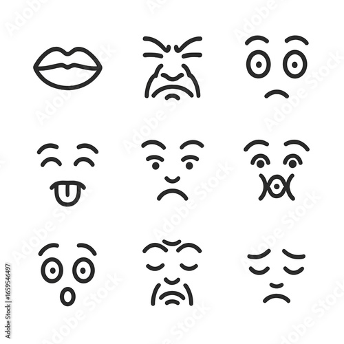 Sour Taste Icons. Outline icon set of sour taste reactions: puckered lips, scrunched nose, wide eyes, tongue out, raised eyebrows,